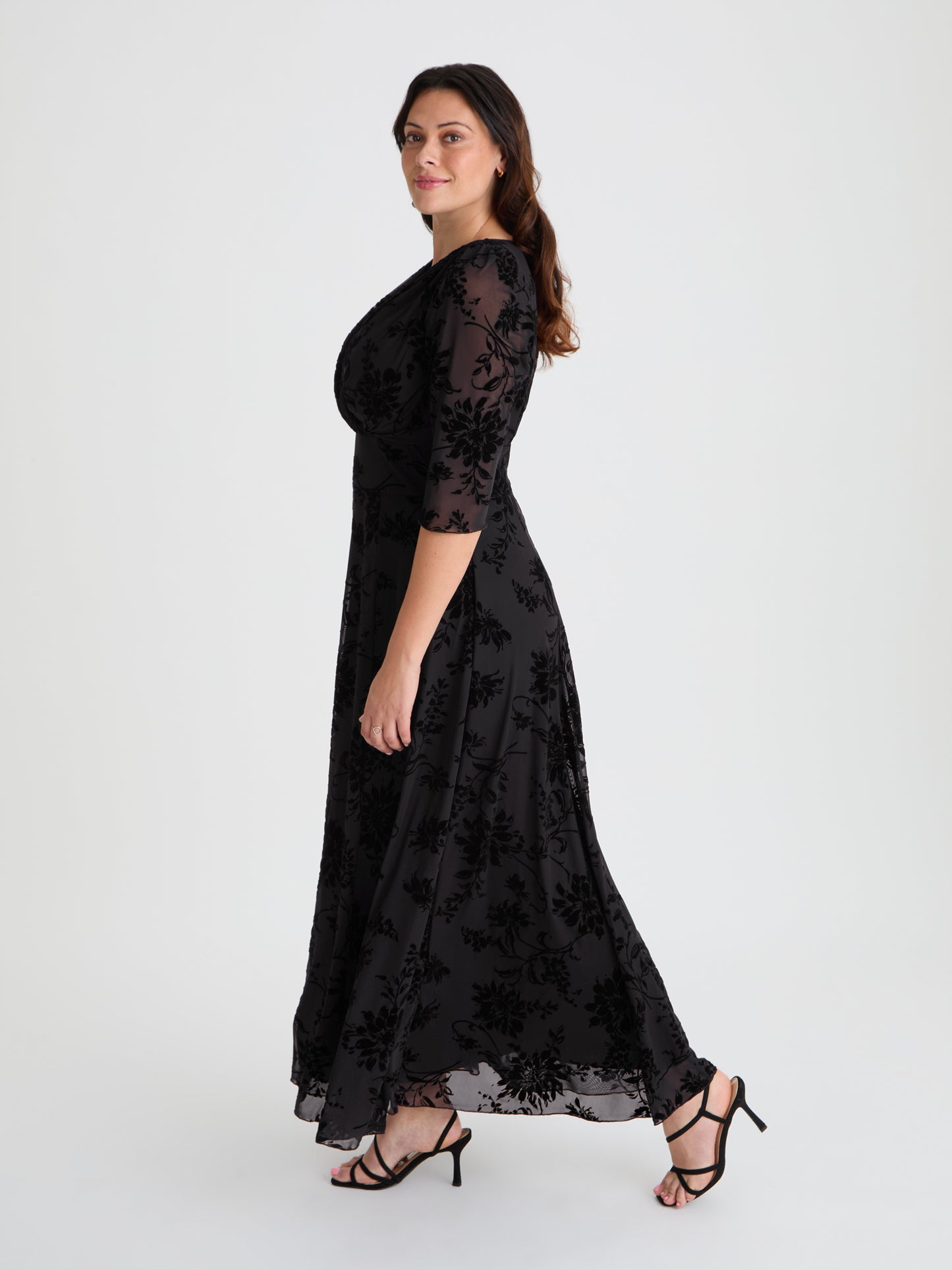 Verity Black Velvet Floral Flock Maxi Gown