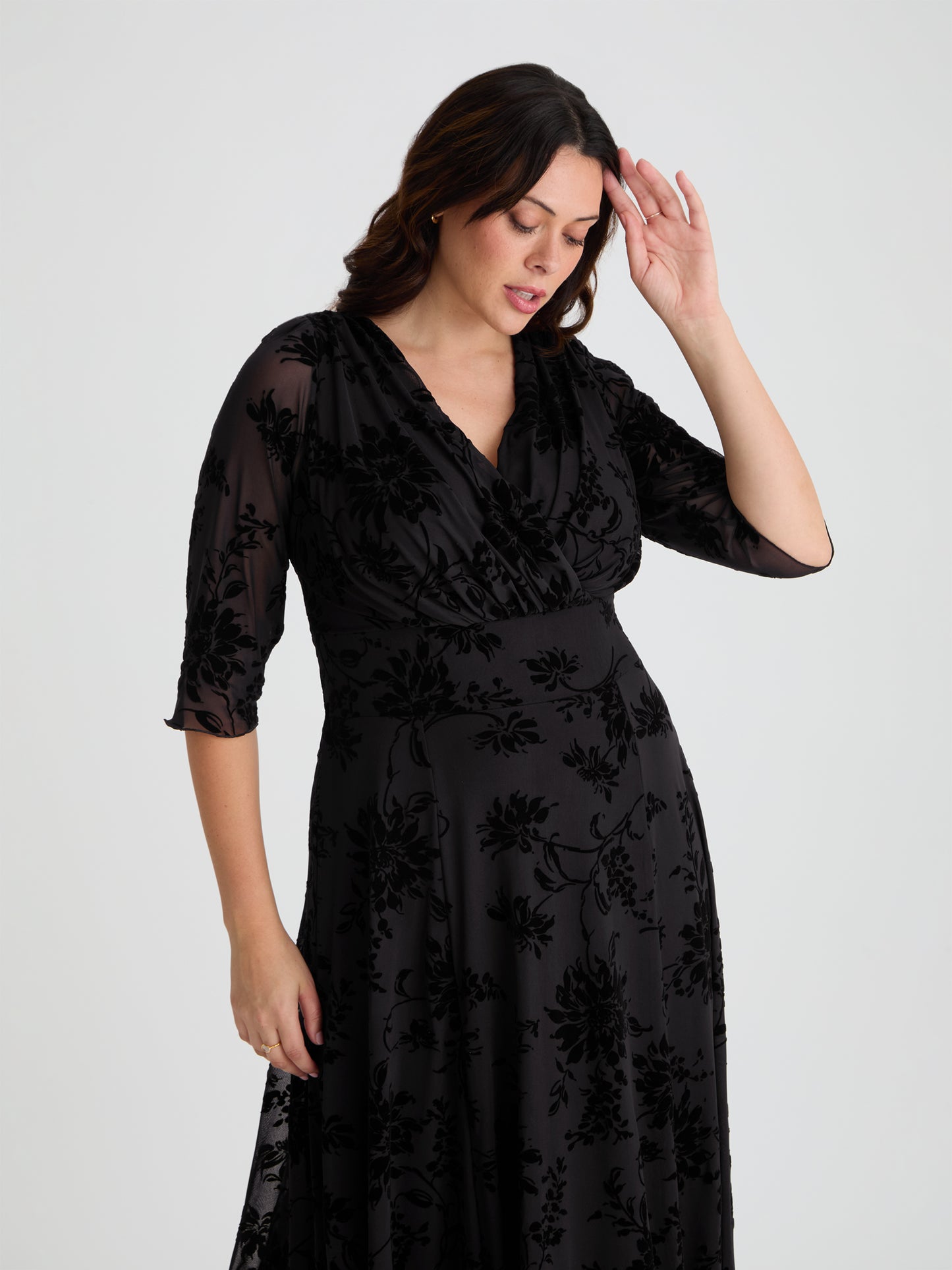 Petite Verity Black Velvet Floral Flock Maxi Gown