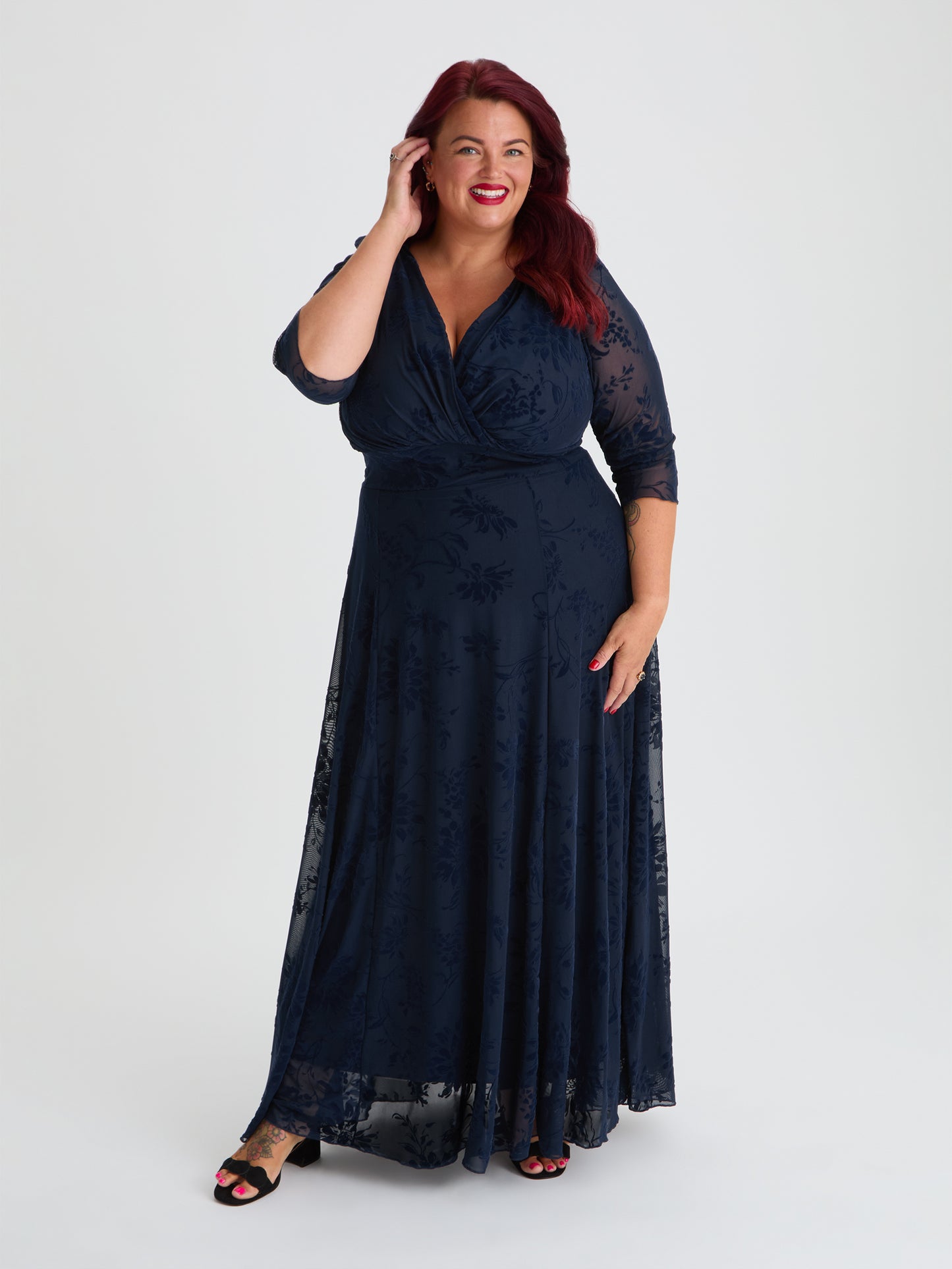 Verity Midnight Velvet Floral Flock Maxi Gown
