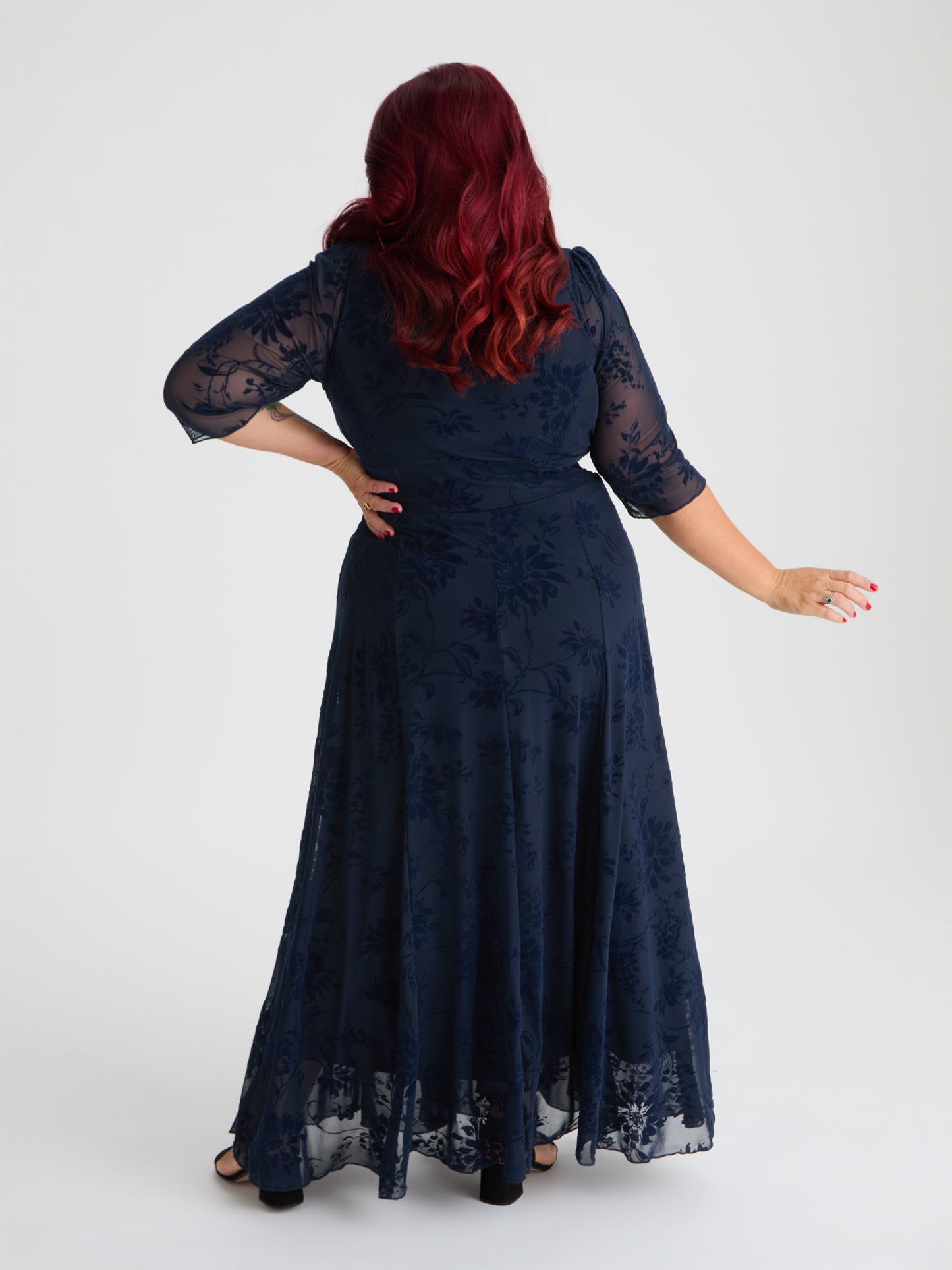 Verity Midnight Velvet Floral Flock Maxi Gown