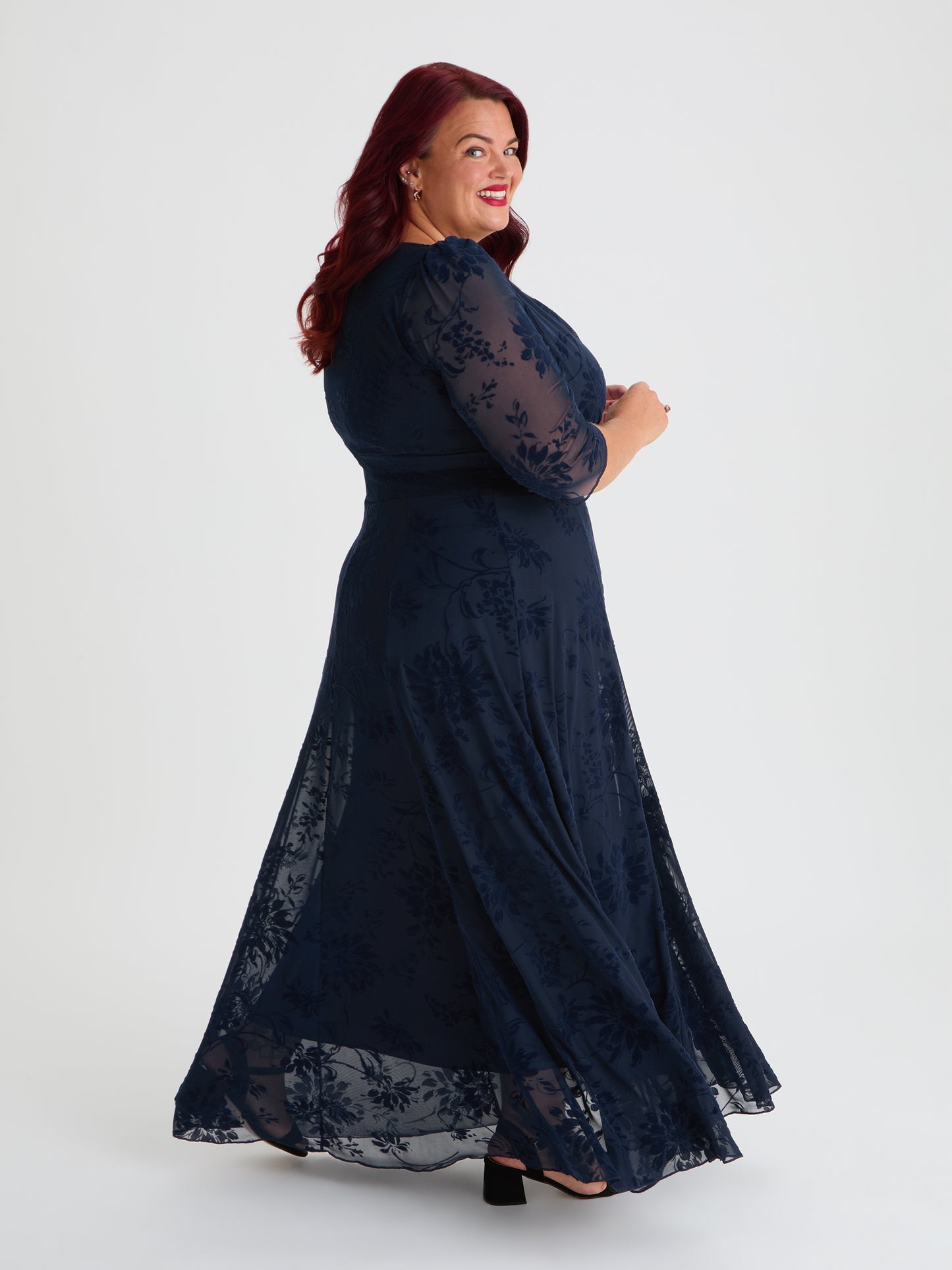 Verity Midnight Velvet Floral Flock Maxi Gown