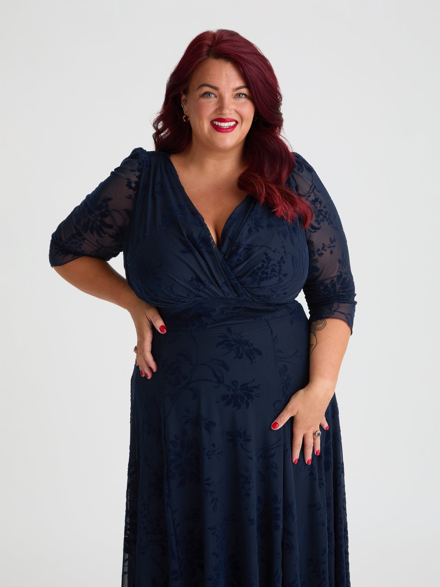 Verity Midnight Velvet Floral Flock Maxi Gown
