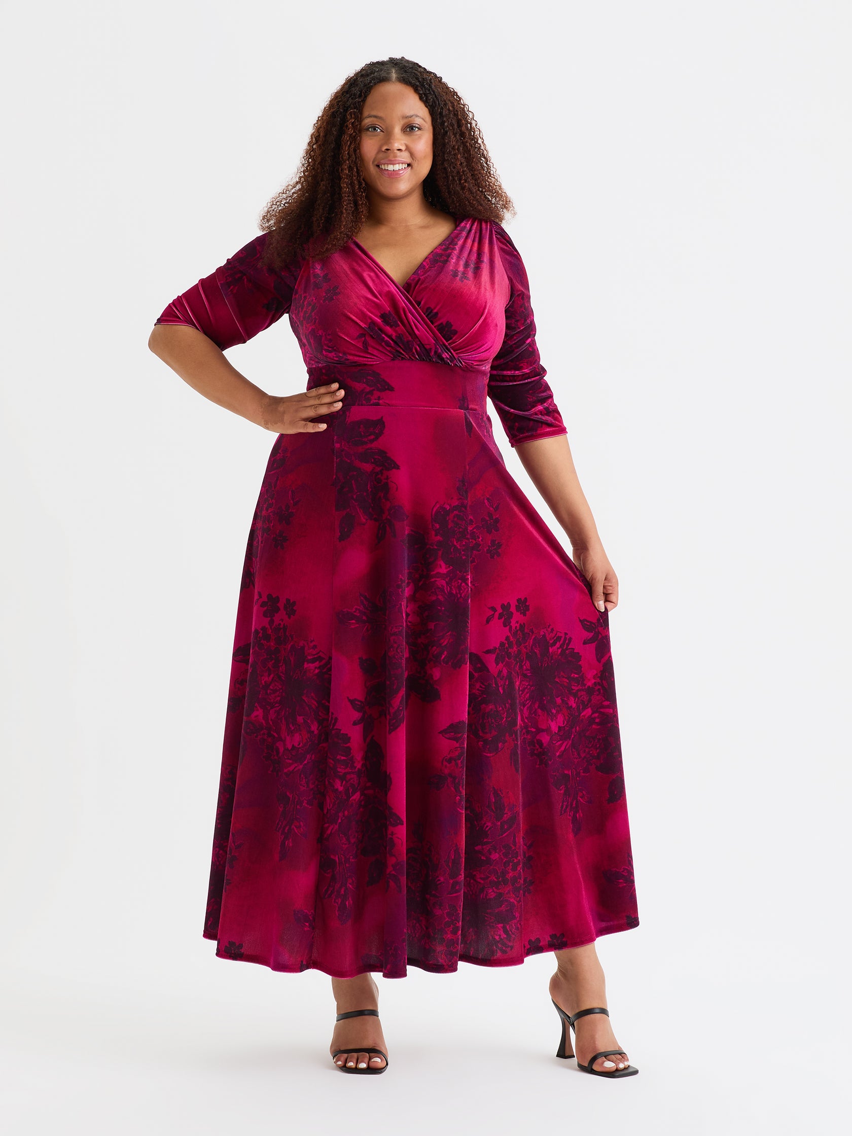 V-neckline Velvet Max Dresses with Long Sleeves Ink Blue Plus Size