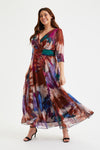 Elegant Verity Full Skirt Maxi Gown in Tan & Indigo