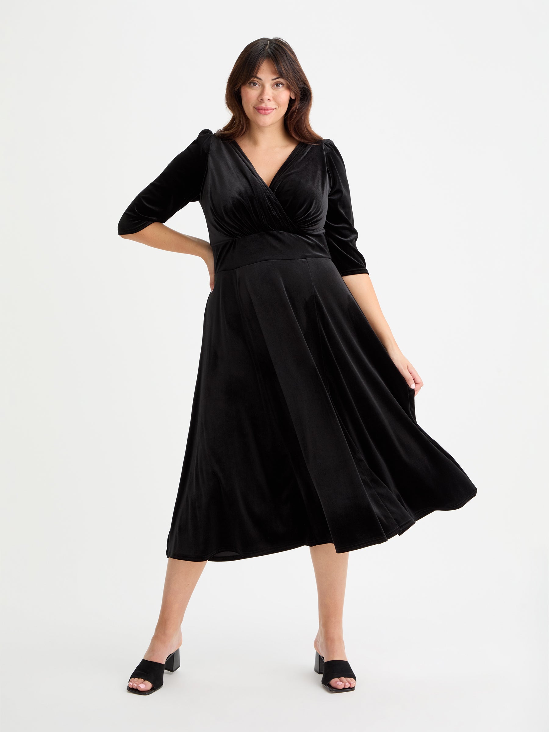 Deep-V Neck Max Velvet Dresses with Flutter Dresses Grape Plus Size