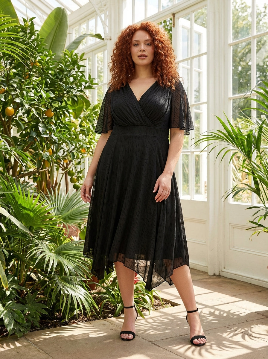 Julie Black Graphic Velvet Flock Hanky Hem Dress