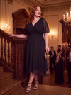Julie Black Velvet Floral Flock Hanky Hem Dress