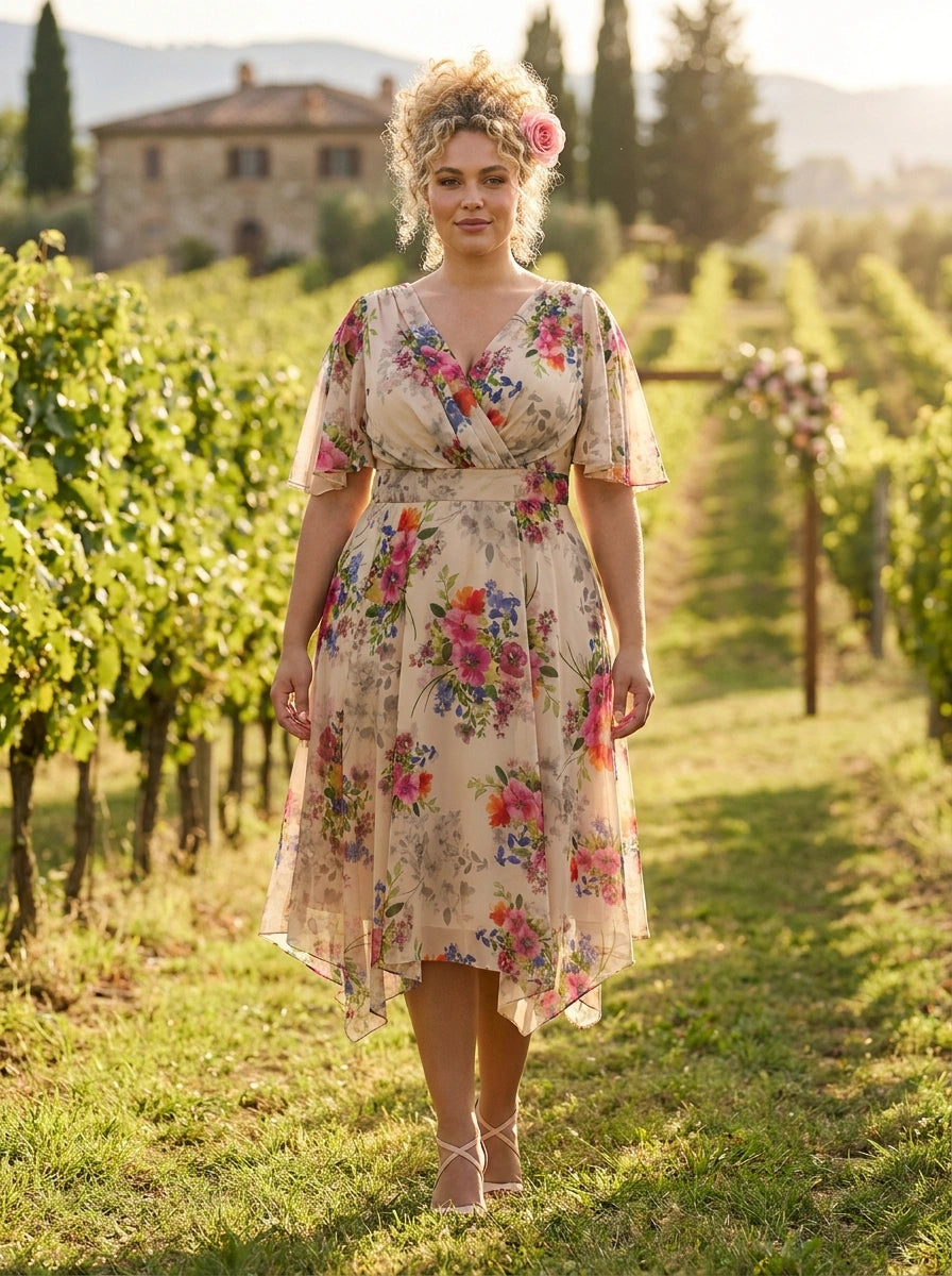 Julie Vintage Cream Multi Dress — Crossover bodice, hanky hem skirt, POWERFIT® mesh, UK 12-32, wedding guest