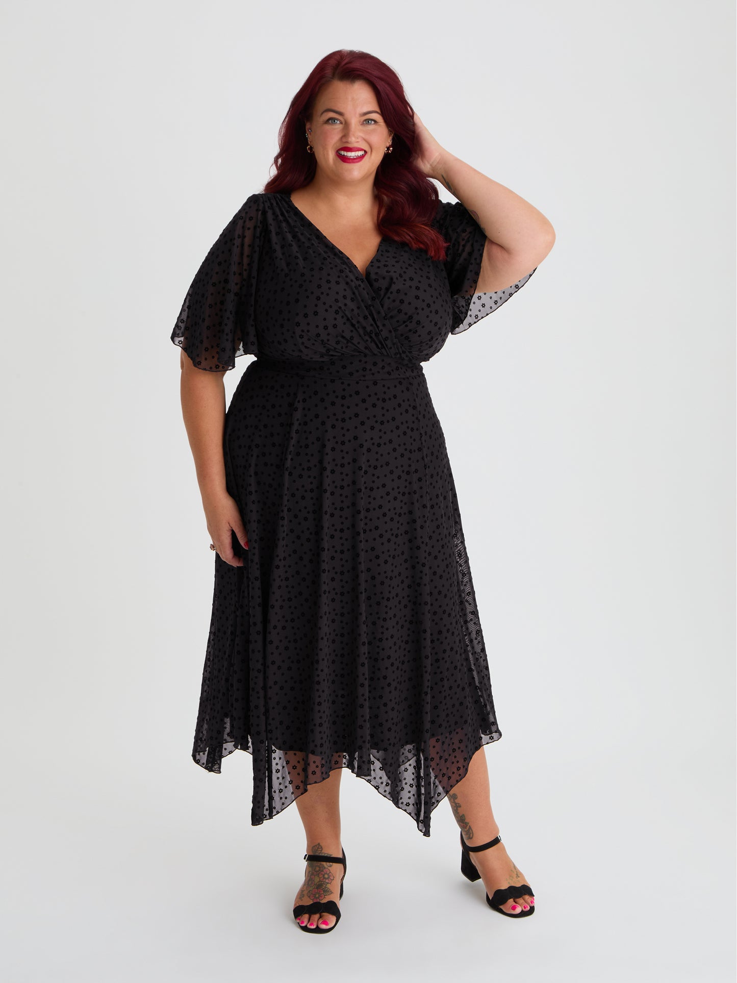 Petite Julie Black Velvet Floral Flock Hanky Hem Dress