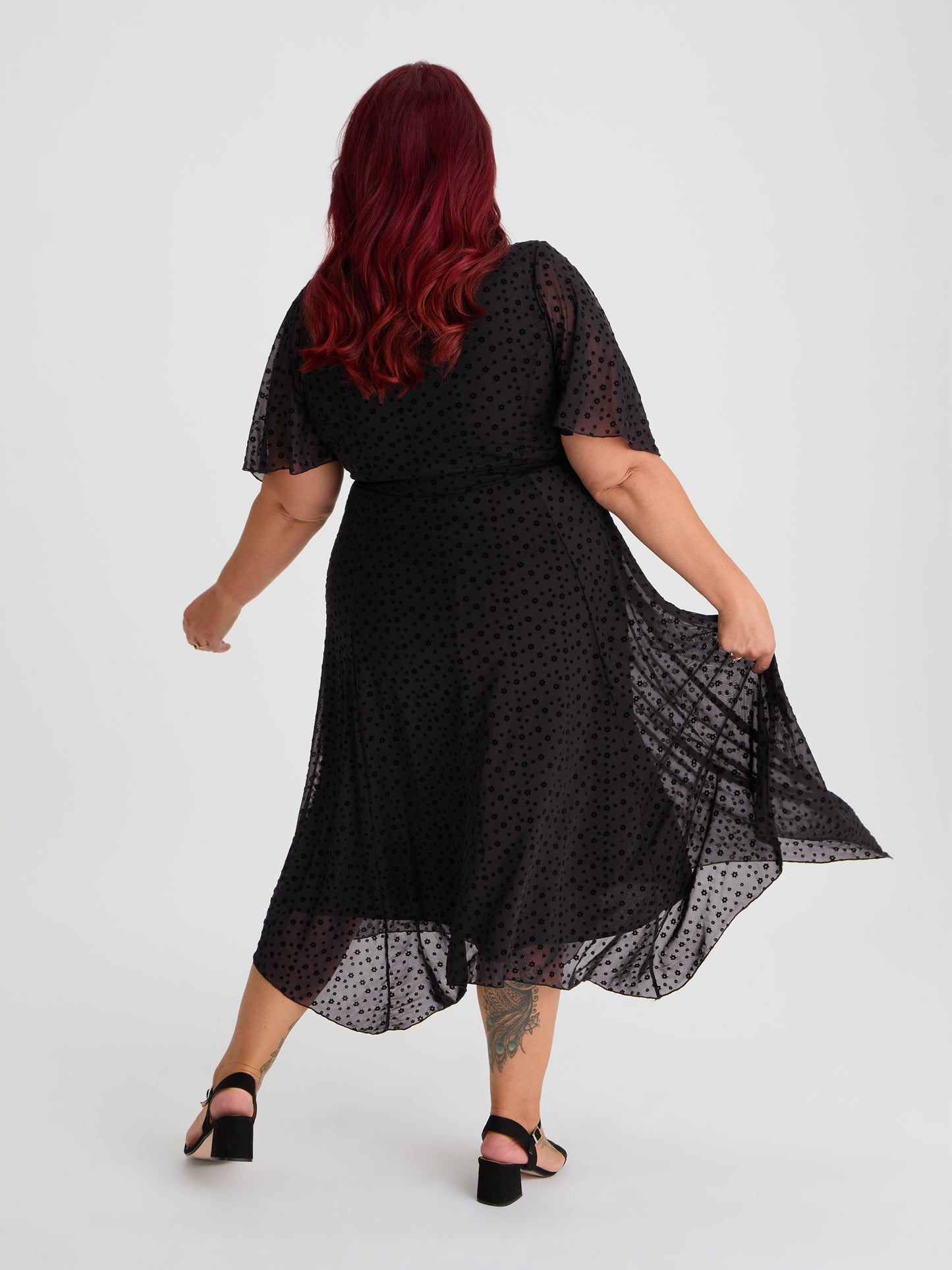 Julie Black Velvet Floral Flock Hanky Hem Dress