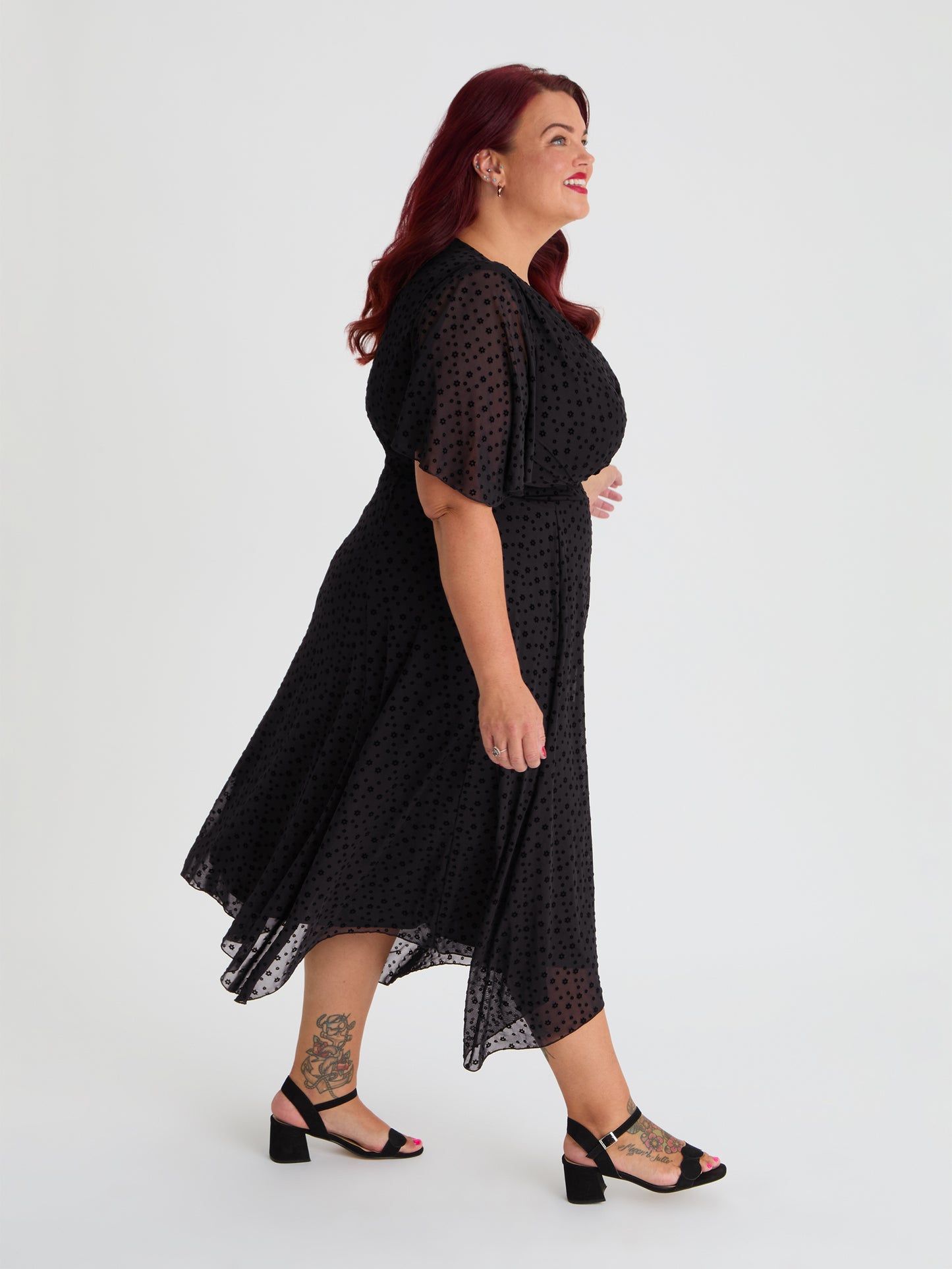 Petite Julie Black Velvet Floral Flock Hanky Hem Dress