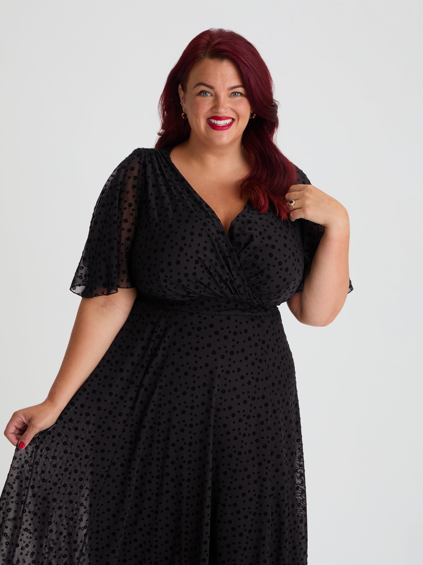 Julie Black Velvet Floral Flock Hanky Hem Dress