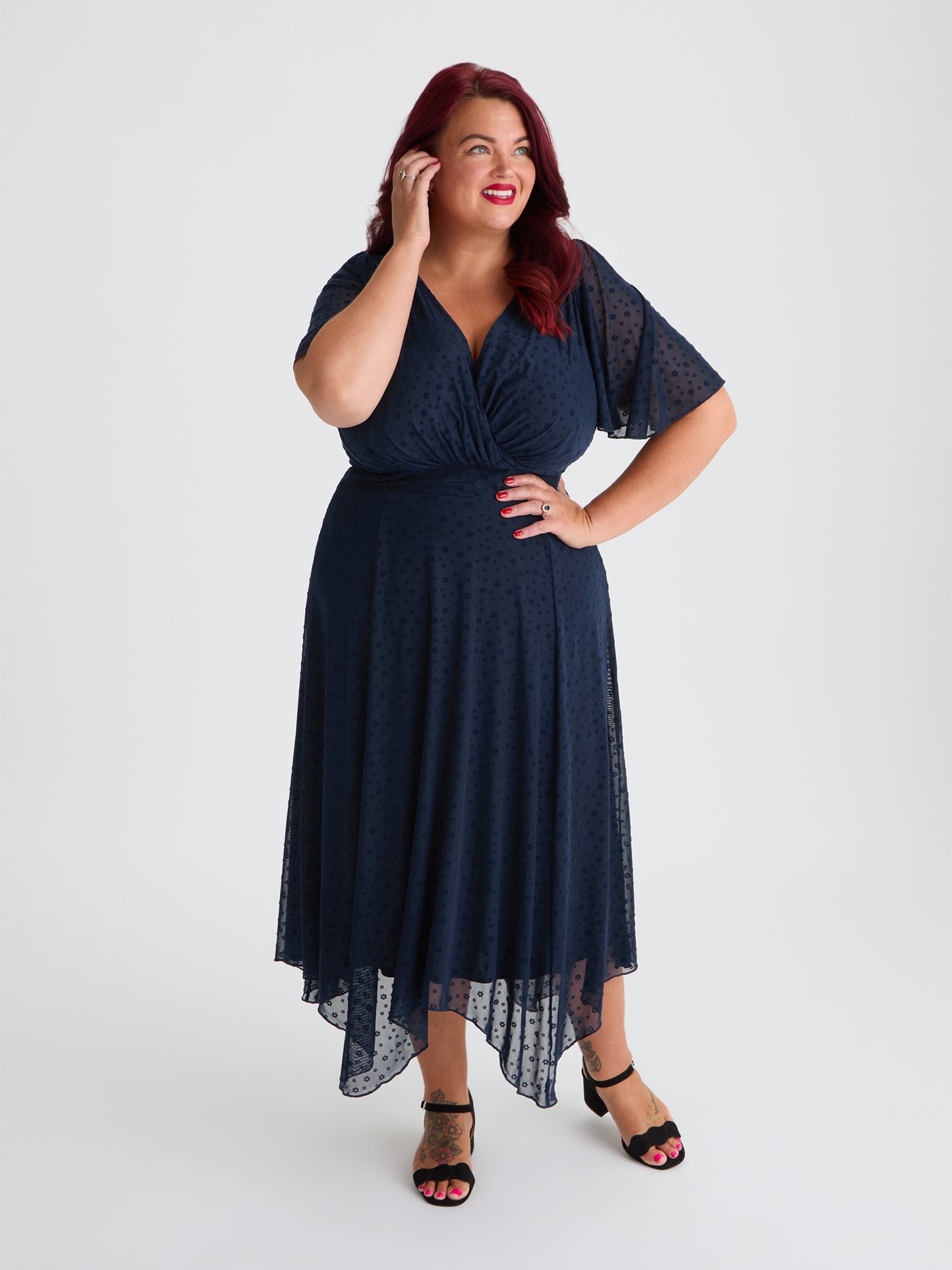 Julie Midnight Velvet Floral Flock Hanky Hem Dress