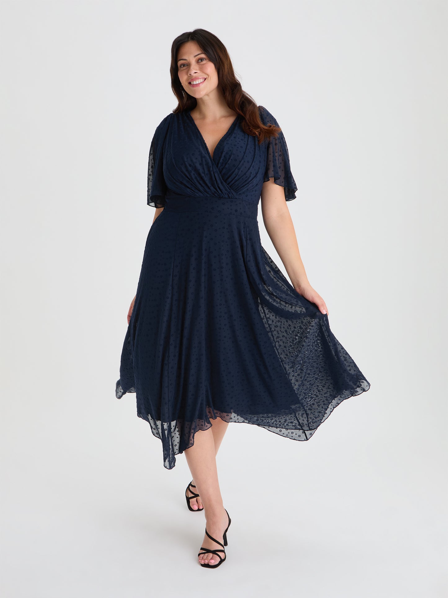 Julie Midnight Velvet Floral Flock Hanky Hem Dress