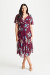 Carole Magenta Multi Floral Print Wrap Bodice Sunray Pleated Skirt Midi Dress