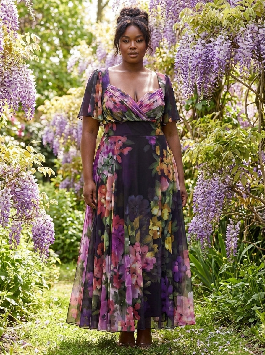 Kemi Black Purple Print Bolero Wrap Bodice Maxi Gown