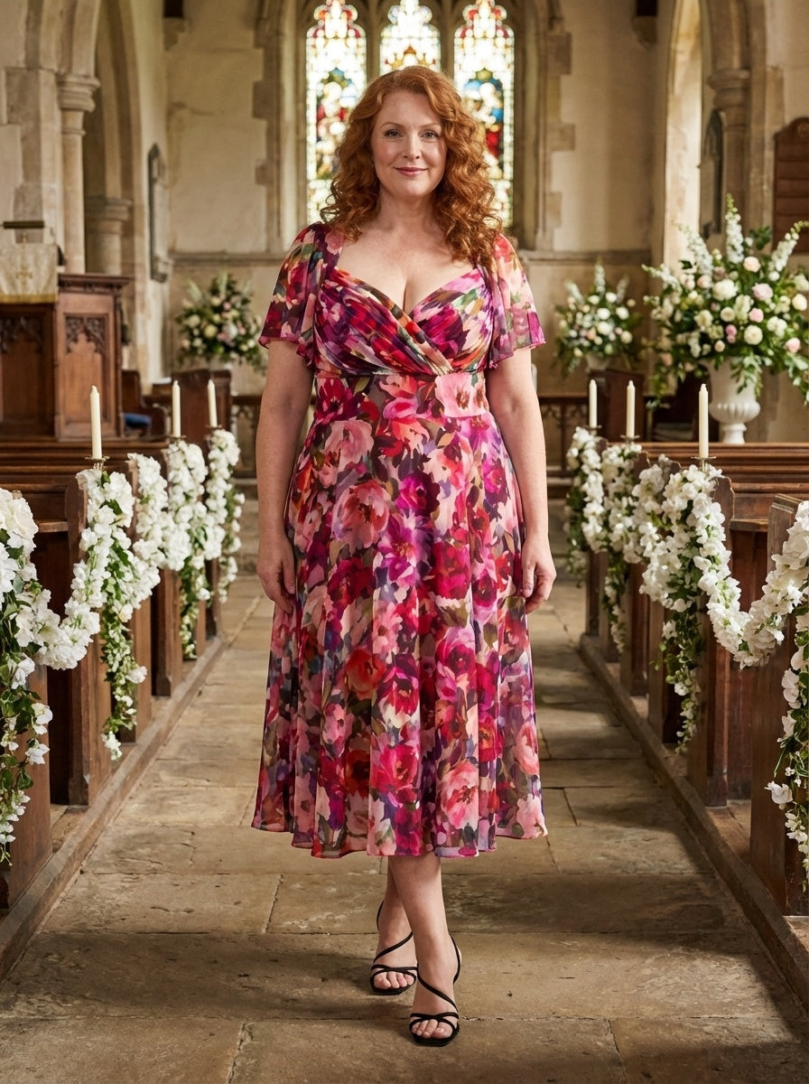 Liz Vintage Rose Bolero Wrap Bodice Midi Dress