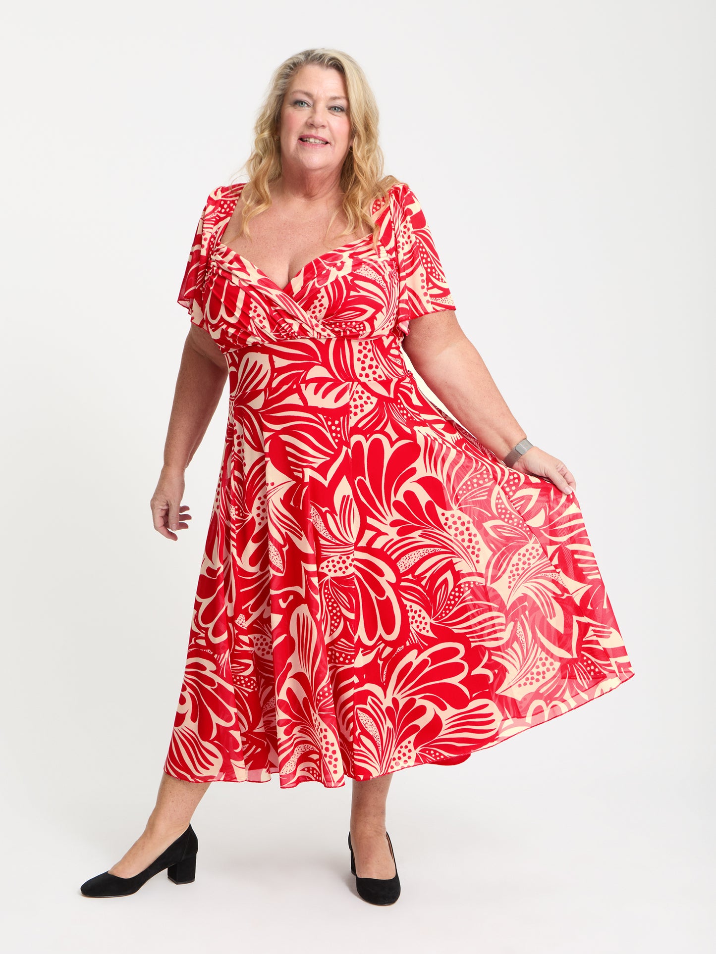 Petite Liz Red Ivory Swirl Bolero Wrap Bodice Midi Dress