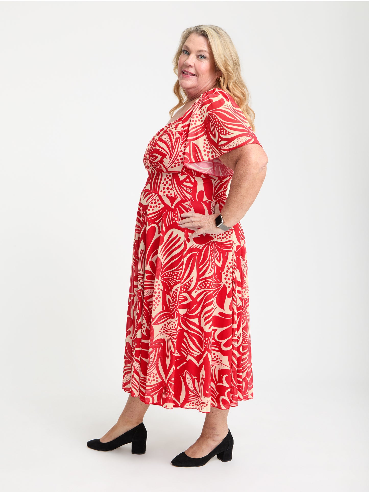 Petite Liz Red Ivory Swirl Bolero Wrap Bodice Midi Dress