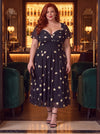 Liz Black Ivory Print Bolero Wrap Bodice Midi Dress