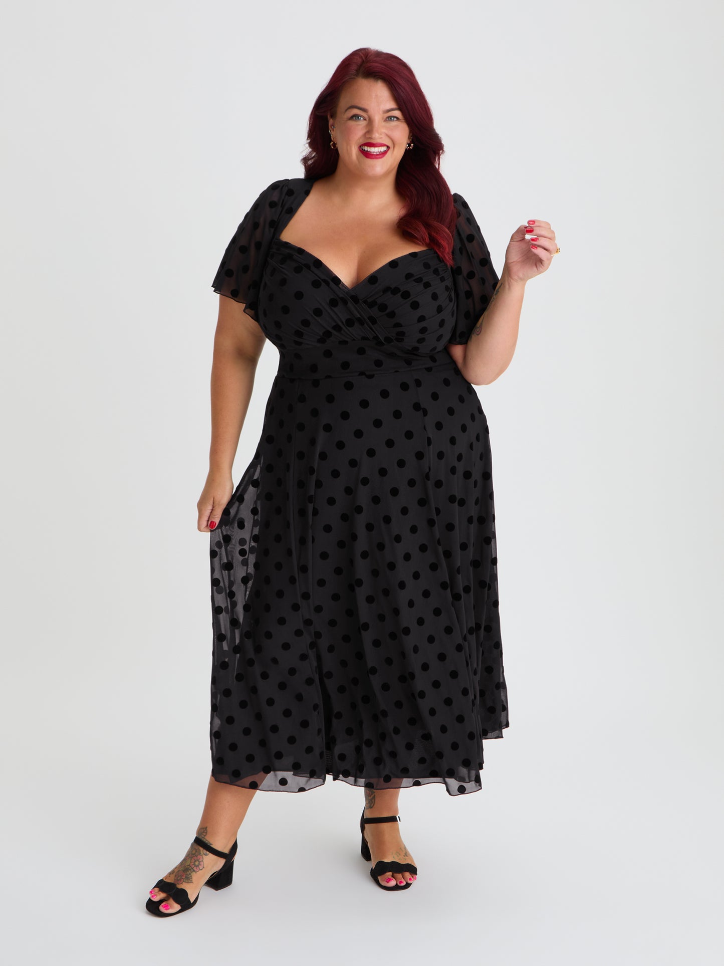 Liz Black Flock Spot Bolero Wrap Bodice Midi Dress