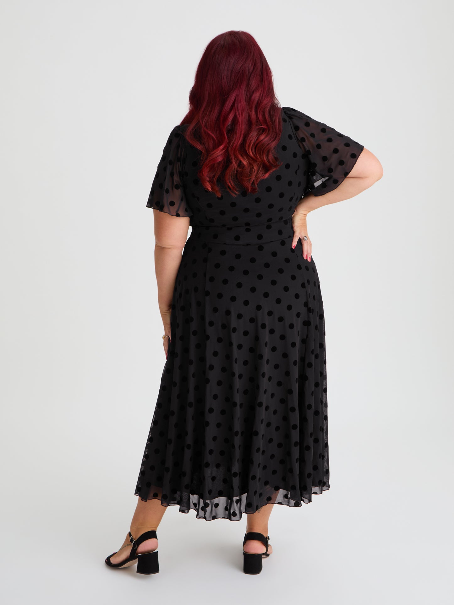 Liz Black Flock Spot Bolero Wrap Bodice Midi Dress