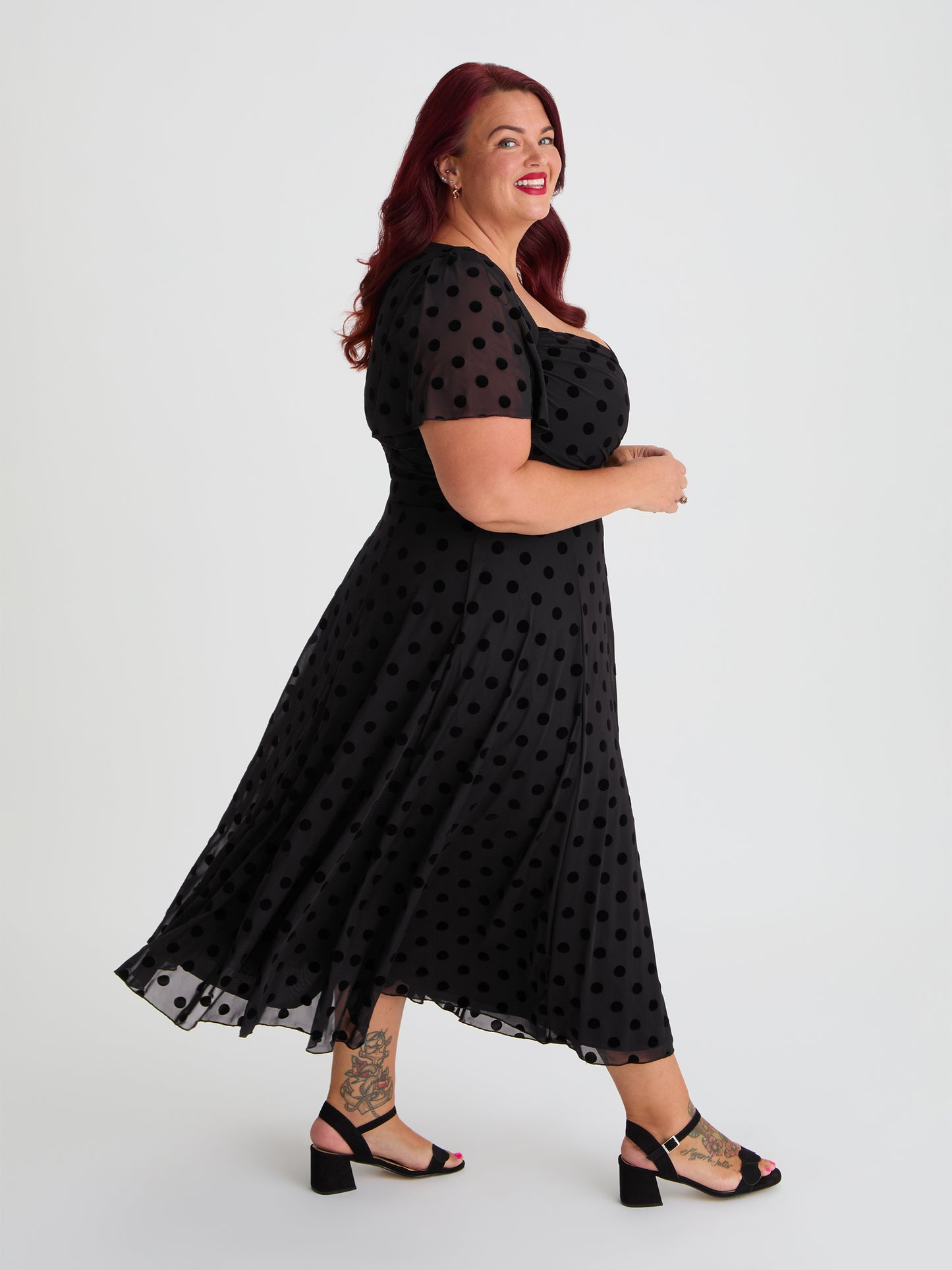 Liz Black Flock Spot Bolero Wrap Bodice Midi Dress