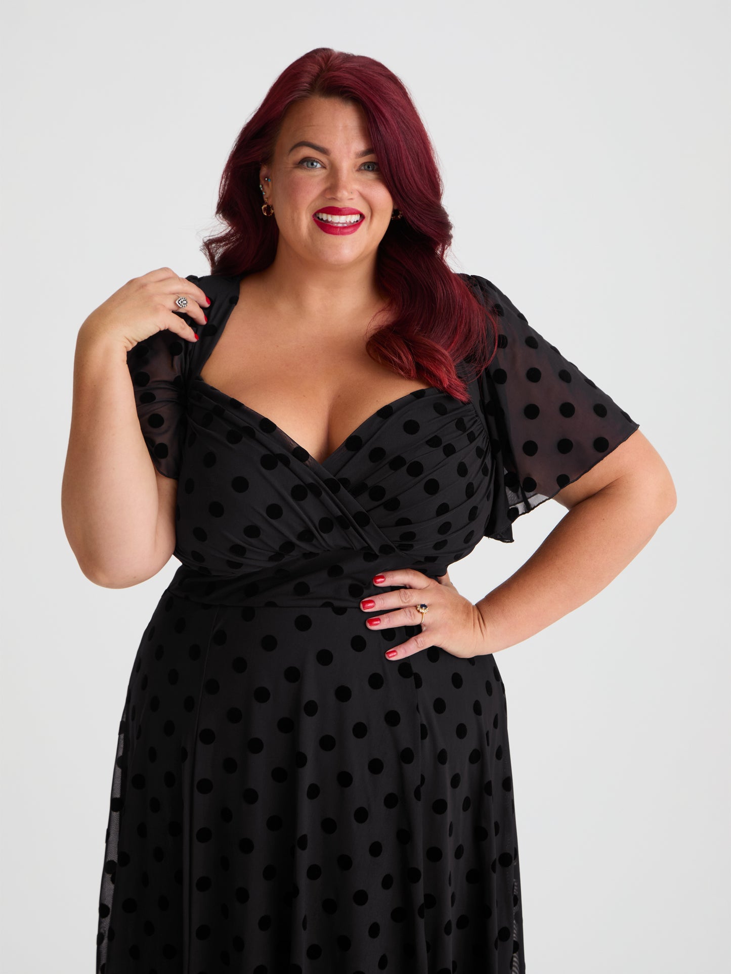 Liz Black Flock Spot Bolero Wrap Bodice Midi Dress