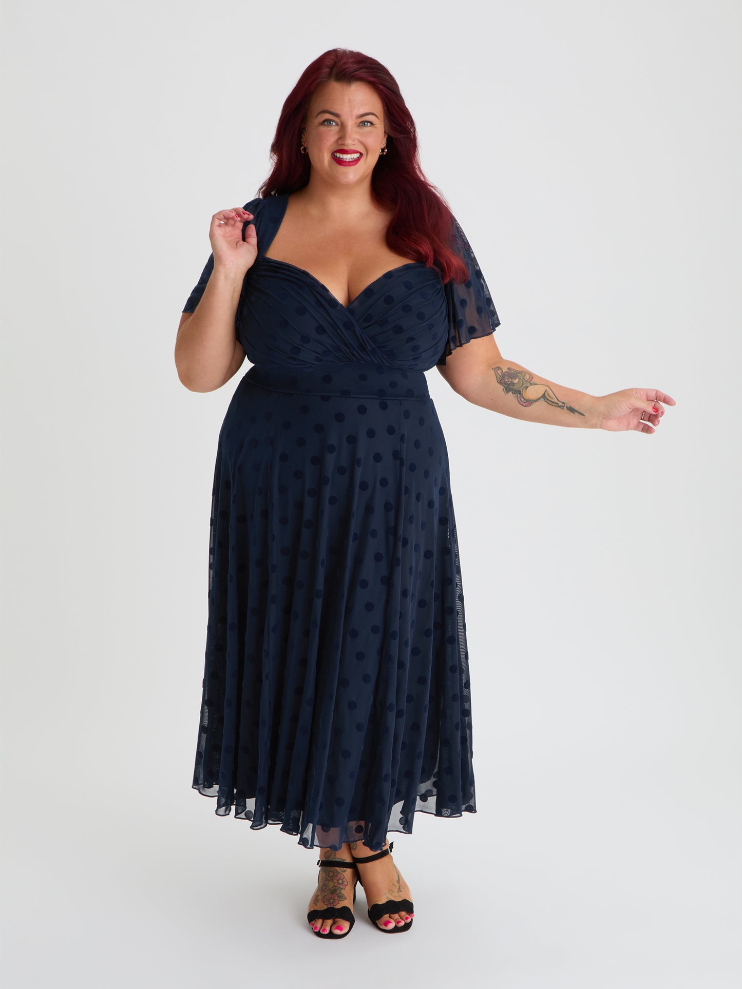 Petite Liz Midnight Flock Spot Bolero Wrap Bodice Midi Dress