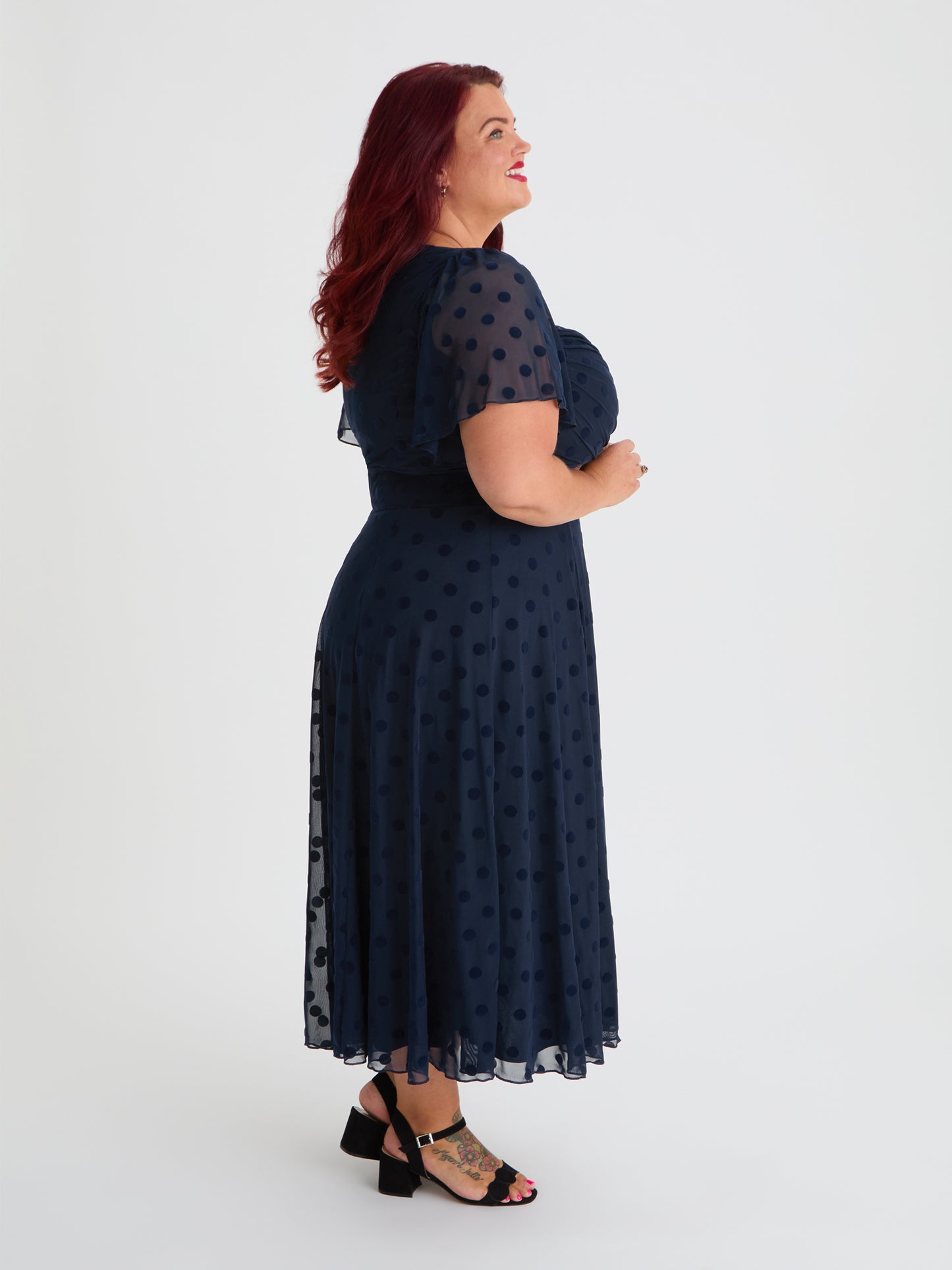 Petite Liz Midnight Flock Spot Bolero Wrap Bodice Midi Dress