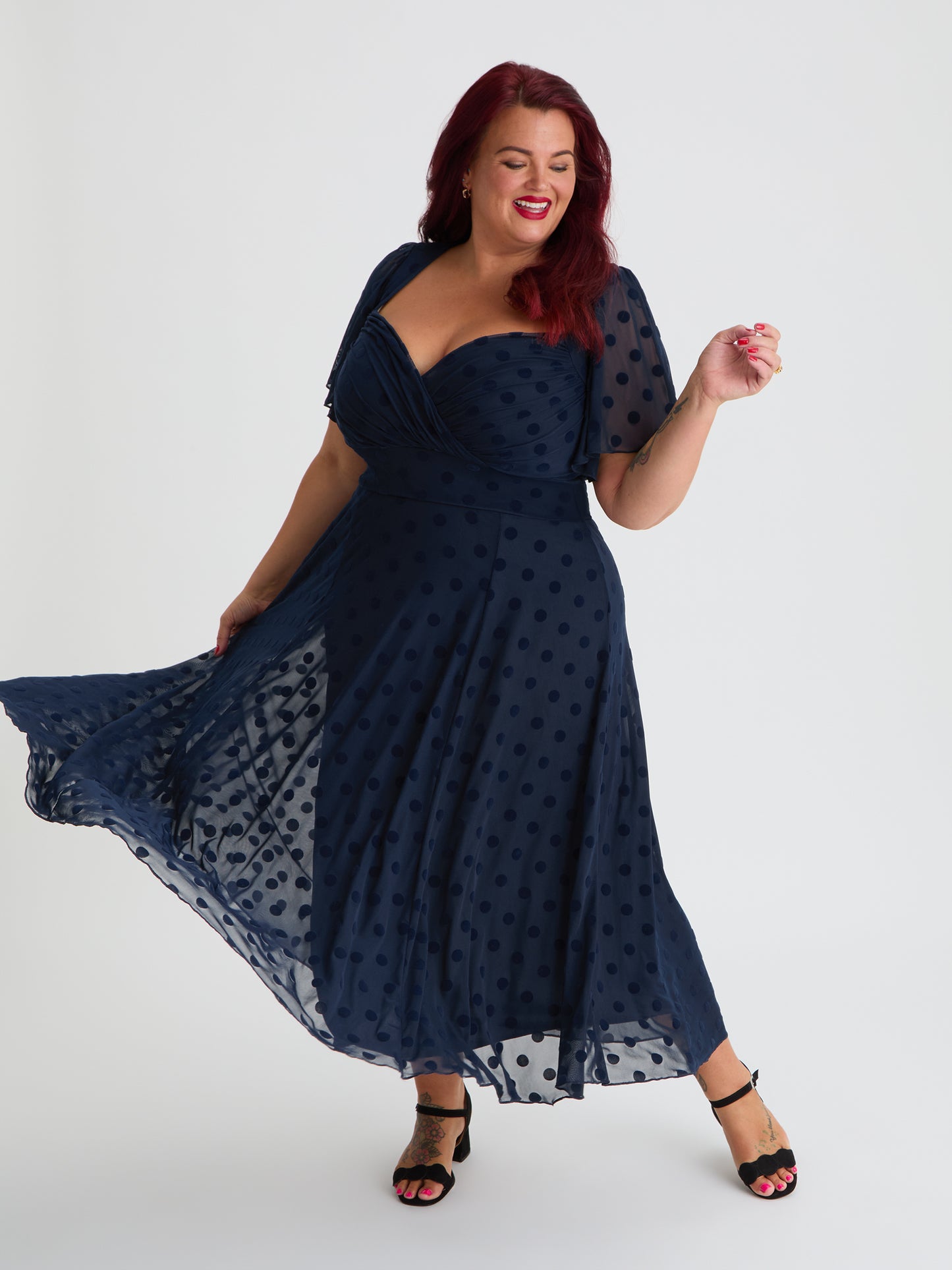Petite Liz Midnight Flock Spot Bolero Wrap Bodice Midi Dress