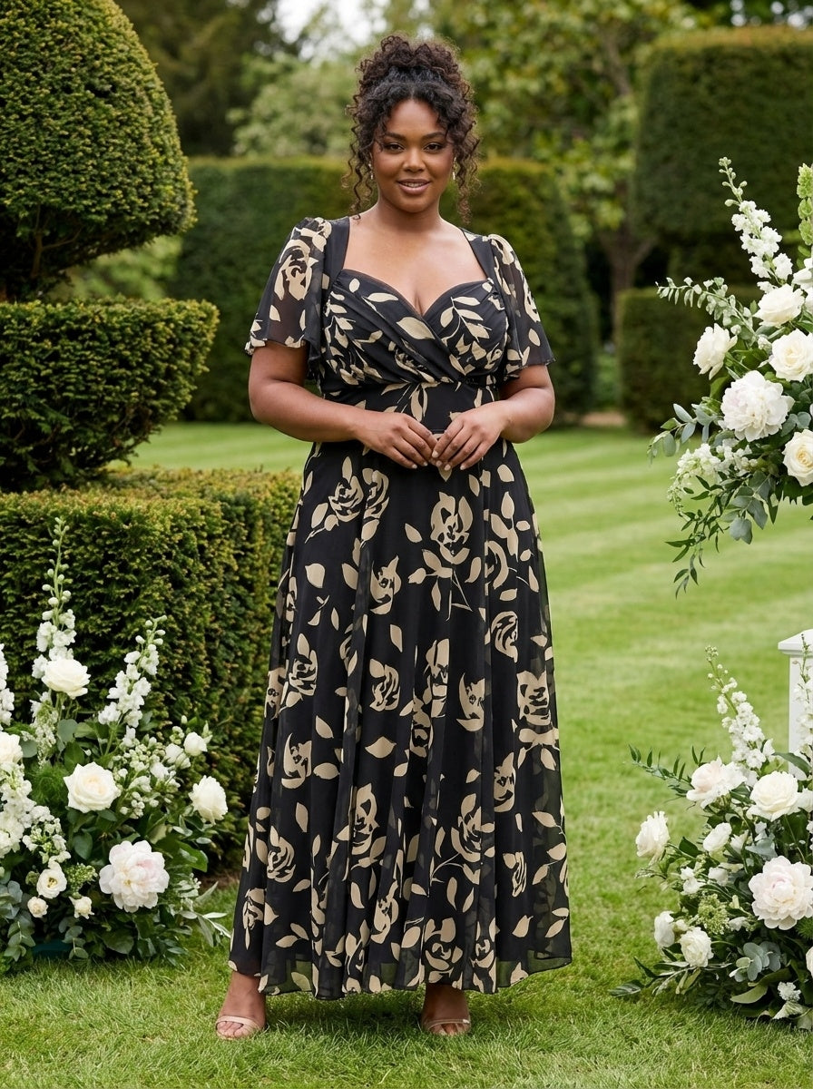 Kemi Black Cream Print Bolero Wrap Bodice Maxi Gown