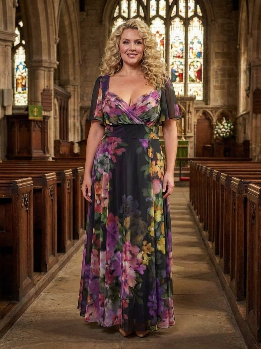 Kemi Black Purple Print Bolero Wrap Bodice Maxi Gown