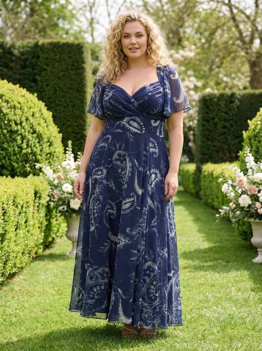 Kemi Vintage Navy Paisley Print Bolero Wrap Bodice Maxi Gown