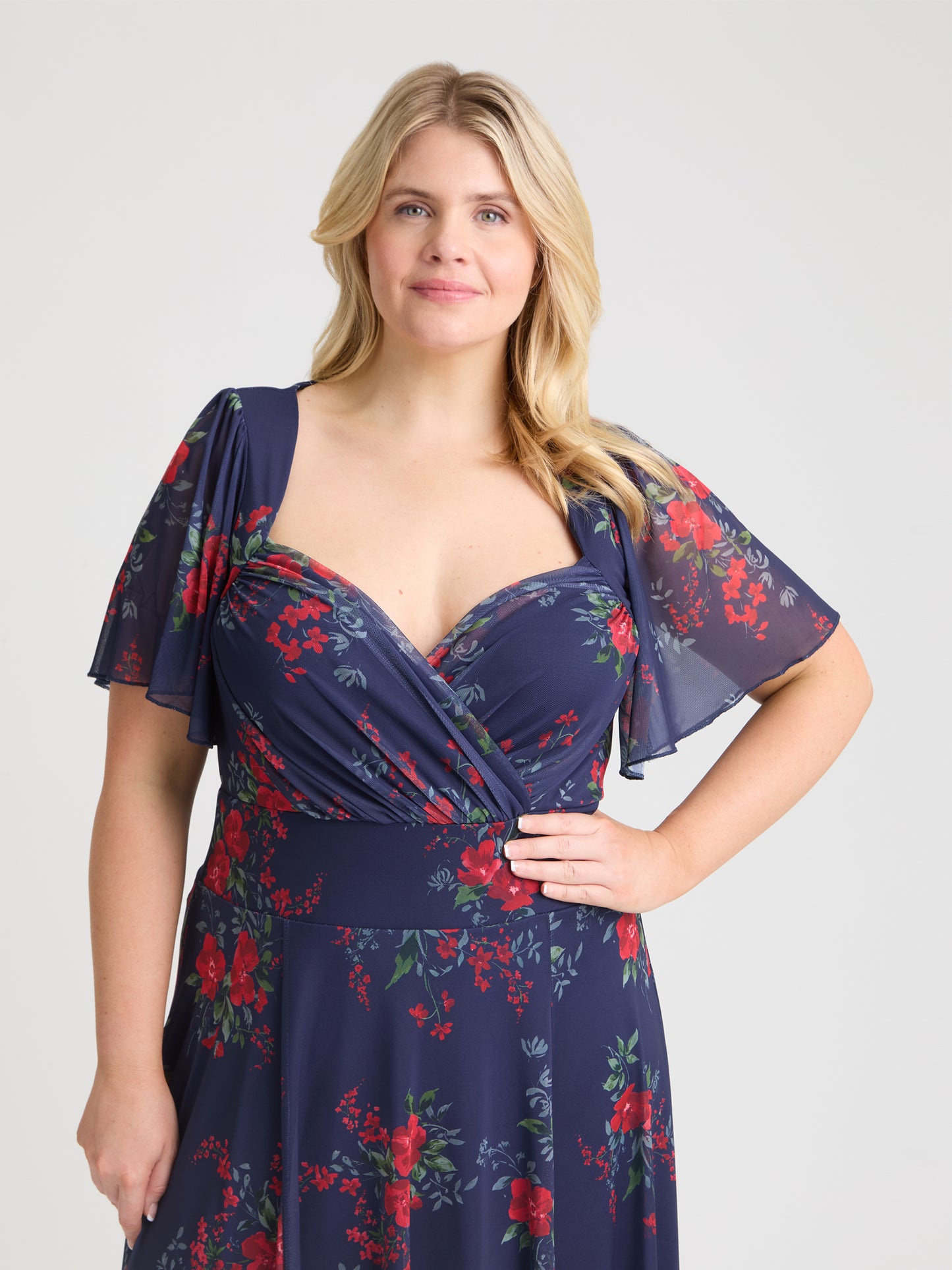 Kemi Navy Red Floral Print Bolero Wrap Bodice Maxi Gown