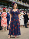 Kemi Navy Red Floral Print Bolero Wrap Bodice Maxi Gown