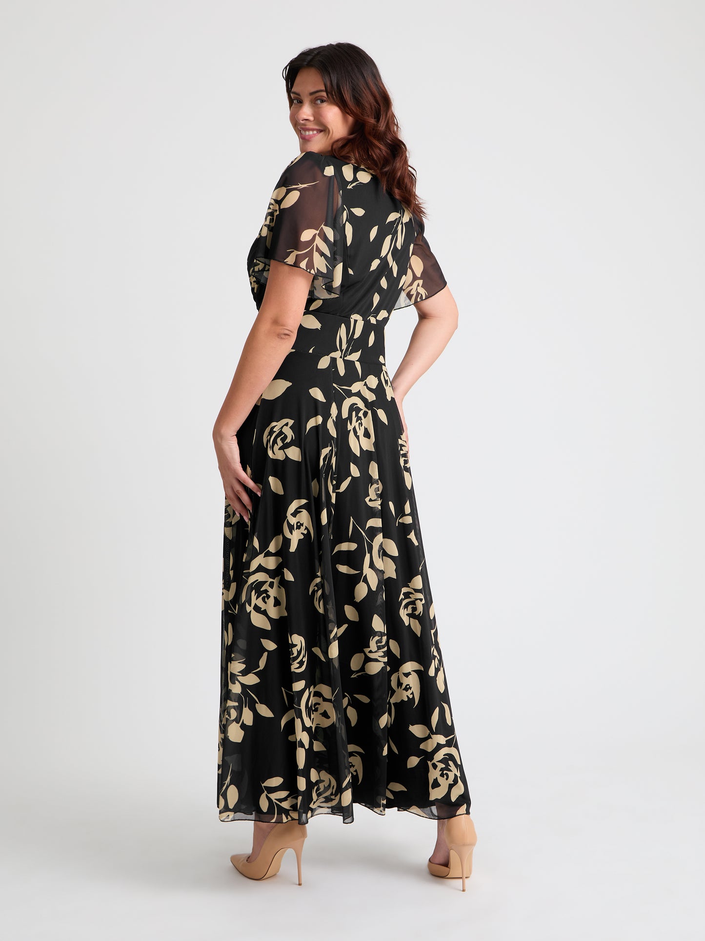Kemi Black Cream Print Bolero Wrap Bodice Maxi Gown