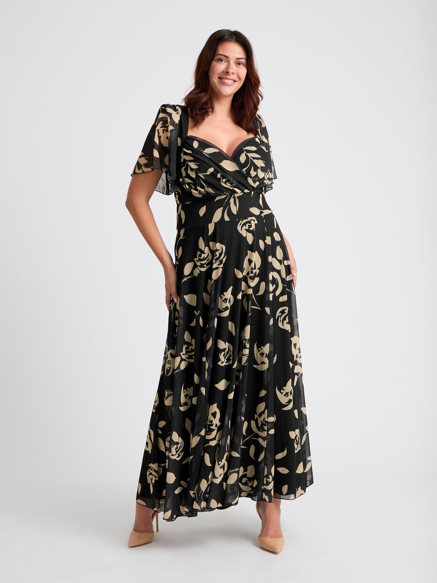Kemi Black Cream Print Bolero Wrap Bodice Maxi Gown