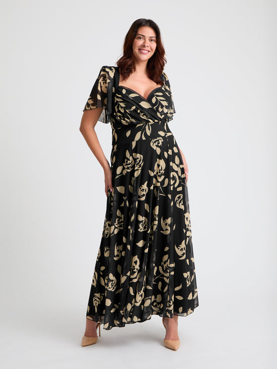 Kemi Black Cream Print Bolero Wrap Bodice Maxi Gown