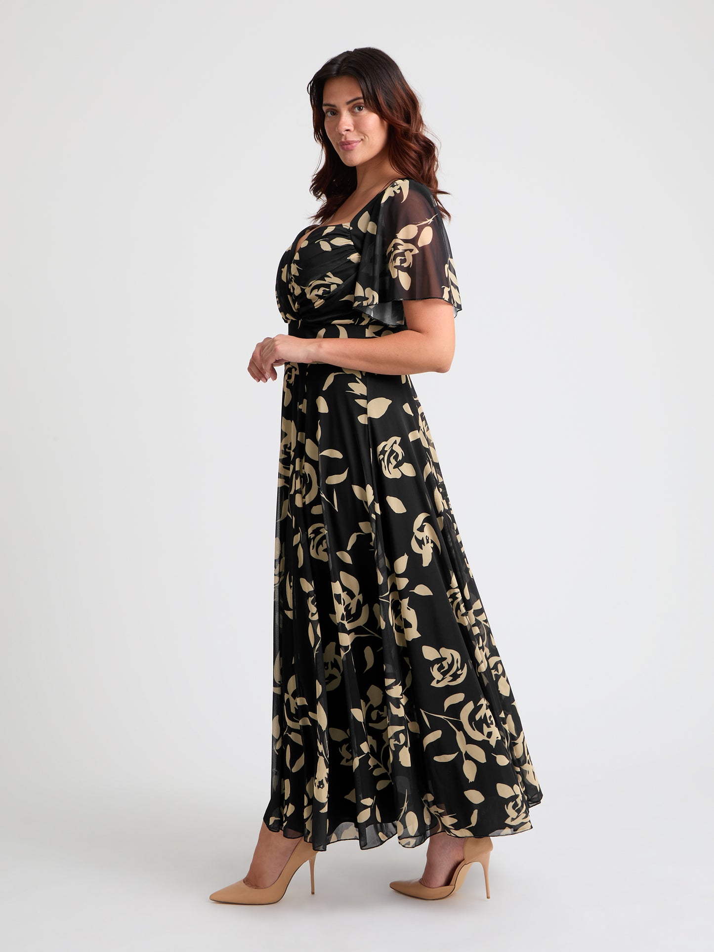 Kemi Black Cream Print Bolero Wrap Bodice Maxi Gown