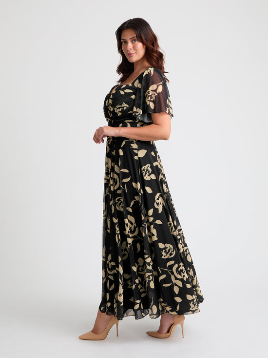 Kemi Black Cream Print Bolero Wrap Bodice Maxi Gown