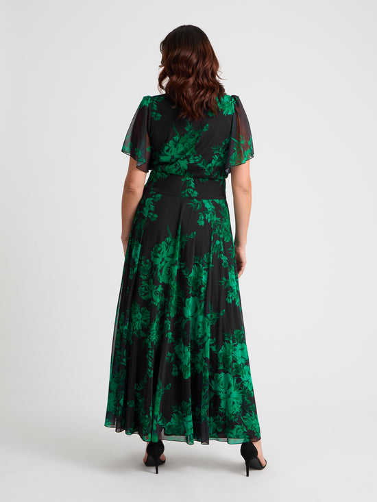 Kemi Black Green Print Bolero Wrap Bodice Maxi Gown