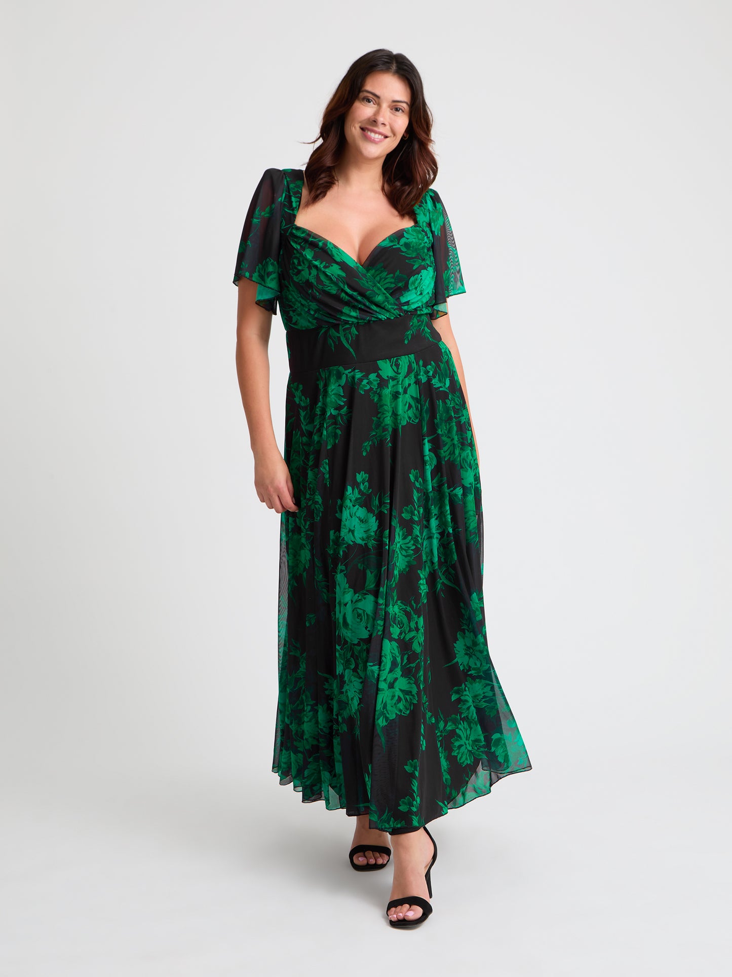 Kemi Black Green Print Bolero Wrap Bodice Maxi Gown