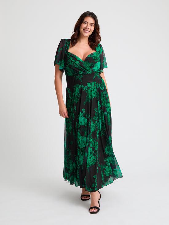 Kemi Black Green Print Bolero Wrap Bodice Maxi Gown