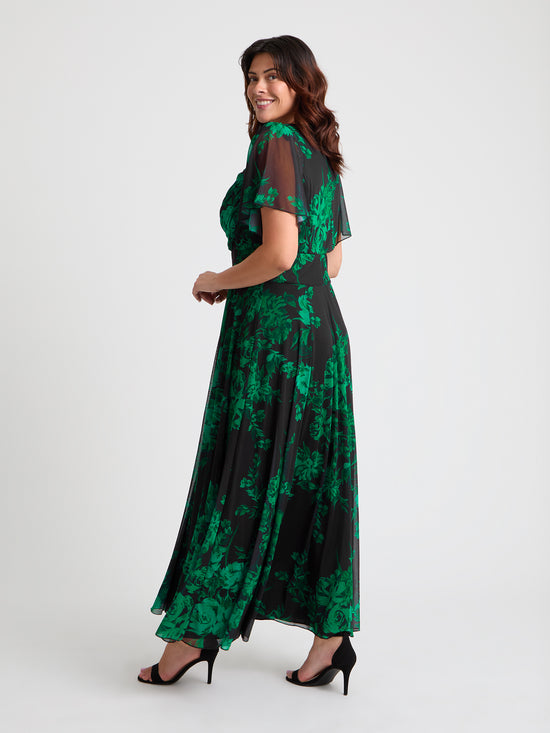 Kemi Black Green Print Bolero Wrap Bodice Maxi Gown