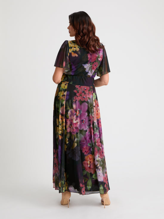 Kemi Black Purple Print Bolero Wrap Bodice Maxi Gown