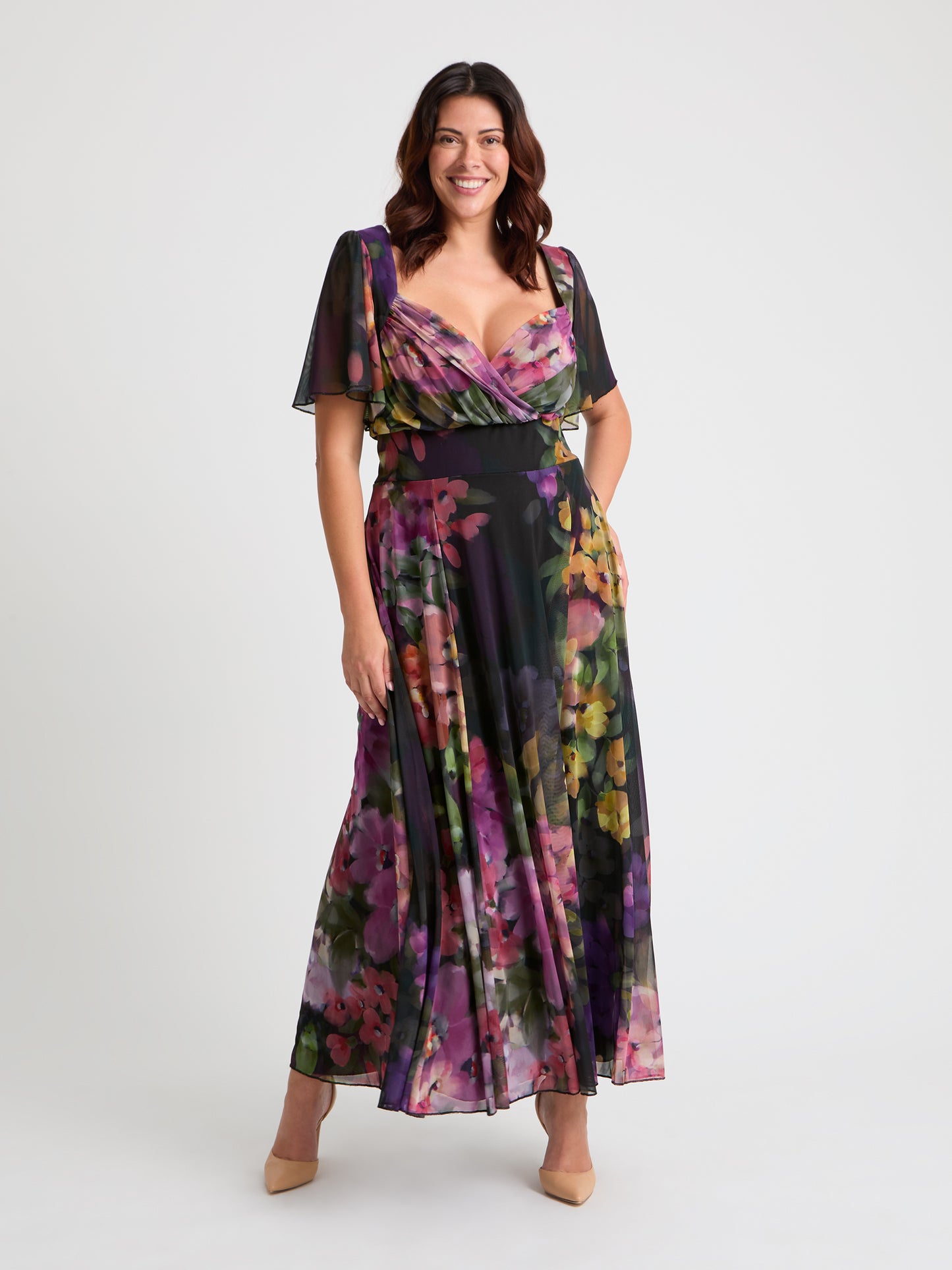 Kemi Black Purple Print Bolero Wrap Bodice Maxi Gown