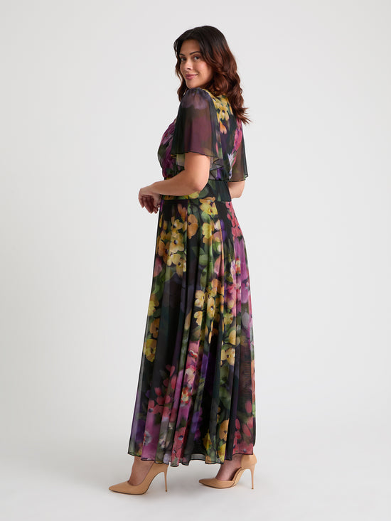 Kemi Black Purple Print Bolero Wrap Bodice Maxi Gown