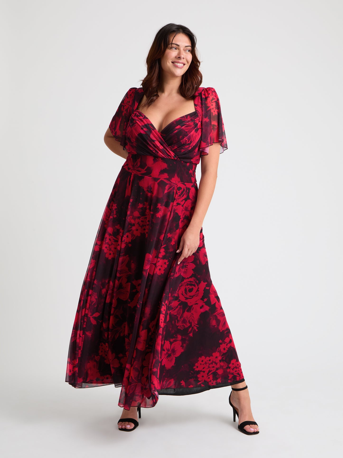 Kemi Black Red Print Bolero Wrap Bodice Maxi Gown