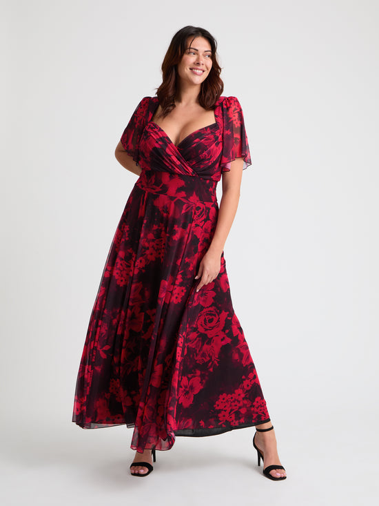 Kemi Black Red Print Bolero Wrap Bodice Maxi Gown